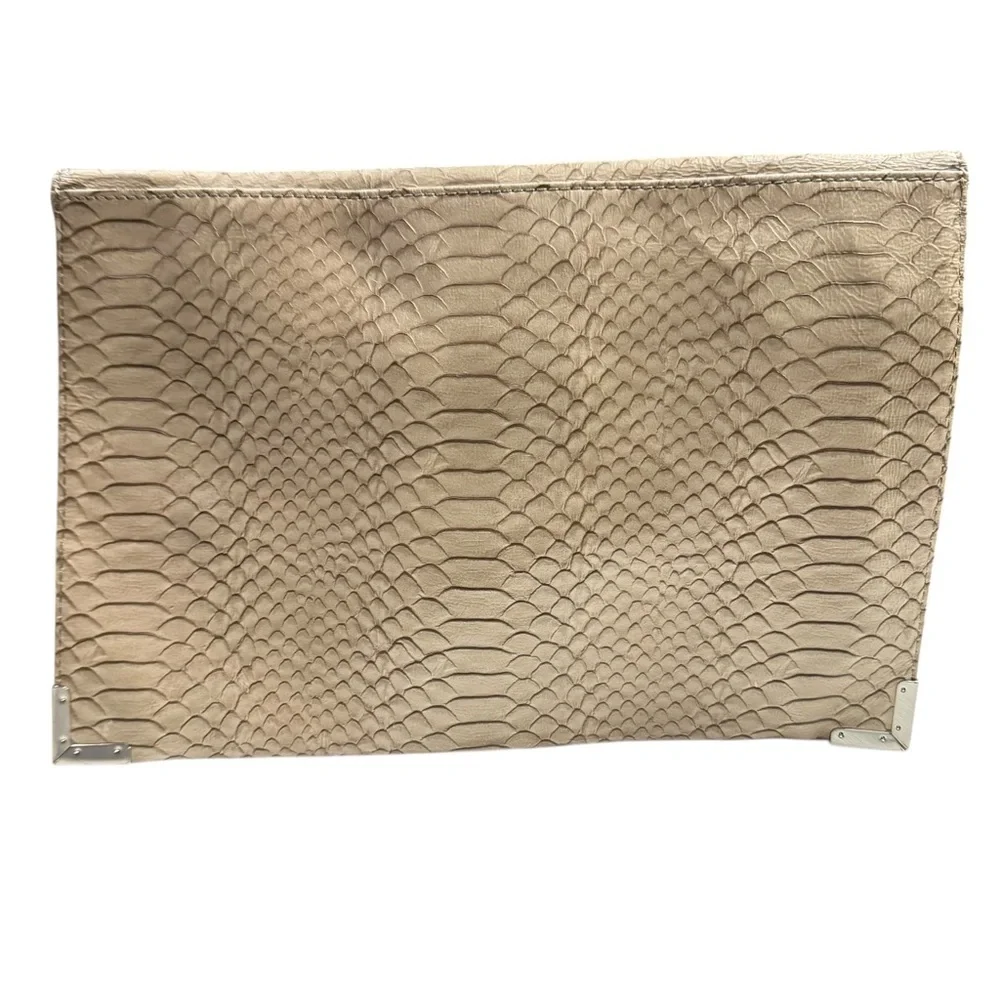 Tarnish Leather envelope-style clutch snakeskin texture, silver-toned hardware